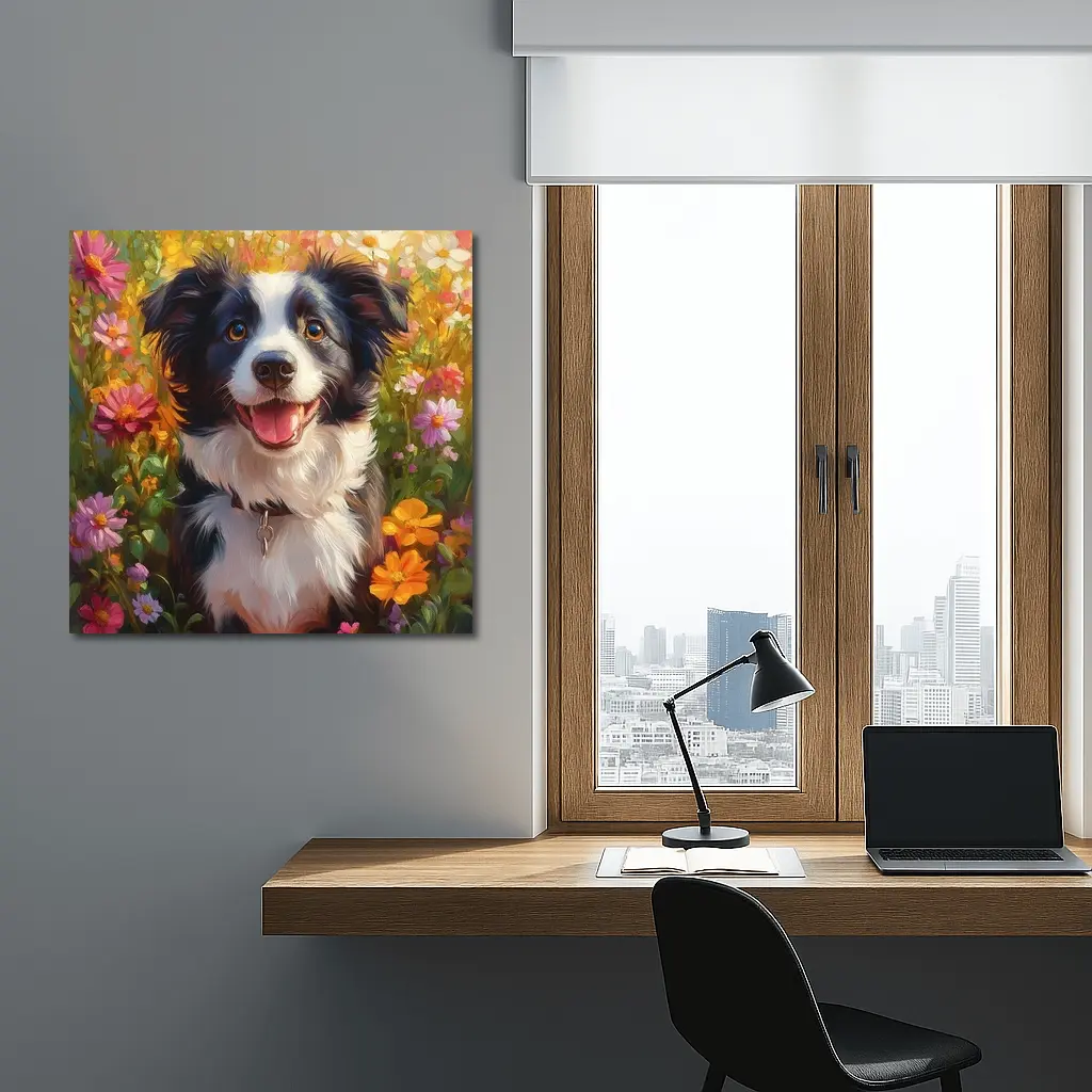 Happy Border Collie Dog Oil Painting Flowers – Wall Art