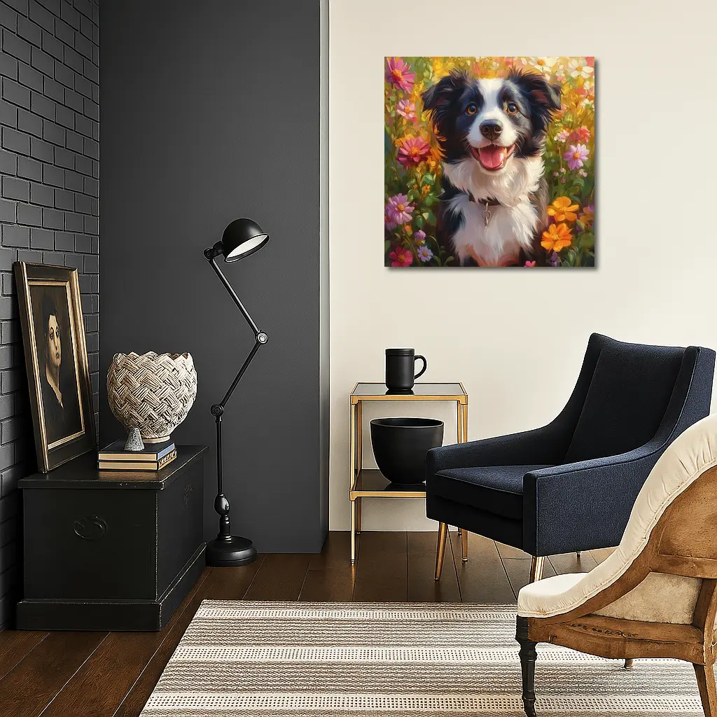 Happy Border Collie Dog Oil Painting Flowers – Wall Art