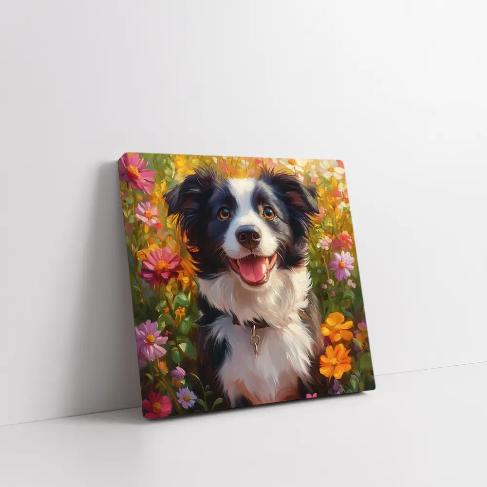 Happy Border Collie Dog Oil Painting Flowers – Wall Art