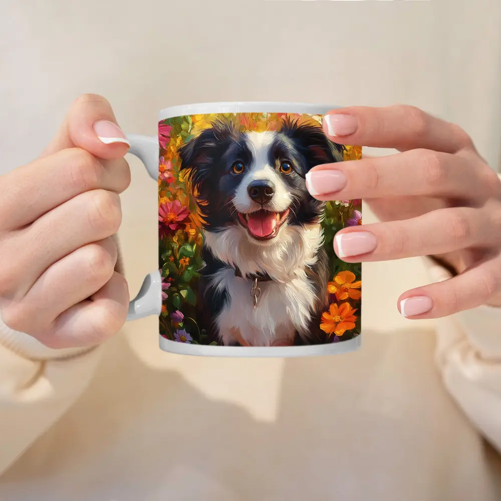Happy Border Collie Dog Oil Painting Flowers – Mugs