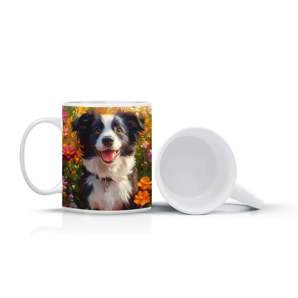 Happy Border Collie Dog Oil Painting Flowers – Mugs