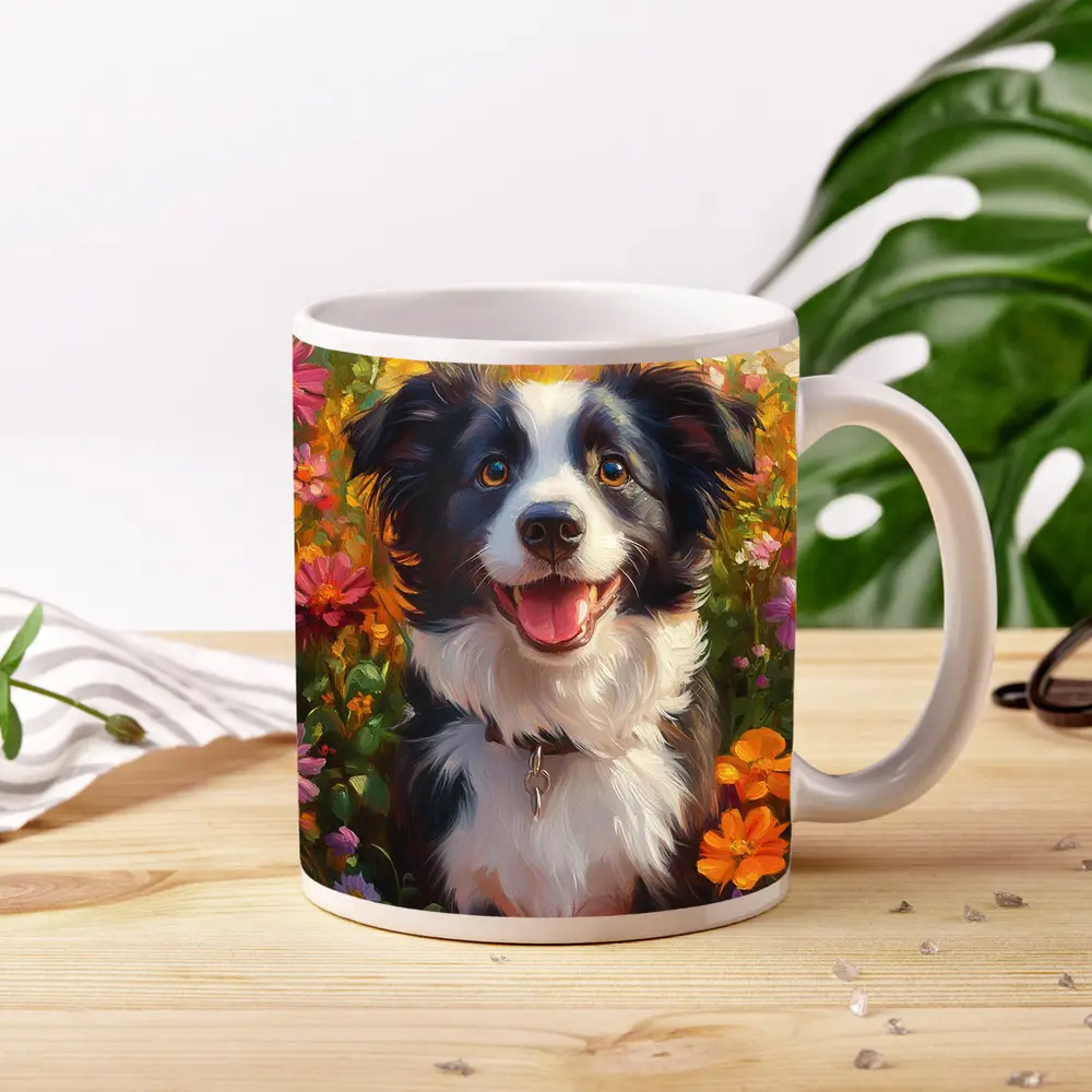 Happy Border Collie Dog Oil Painting Flowers – Mugs