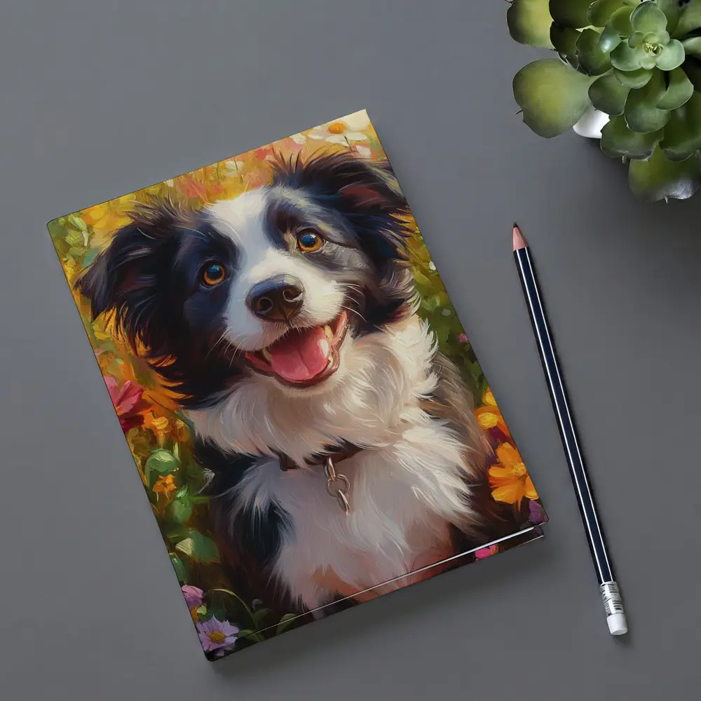 Happy Border Collie Dog Oil Painting Flowers – Notebooks