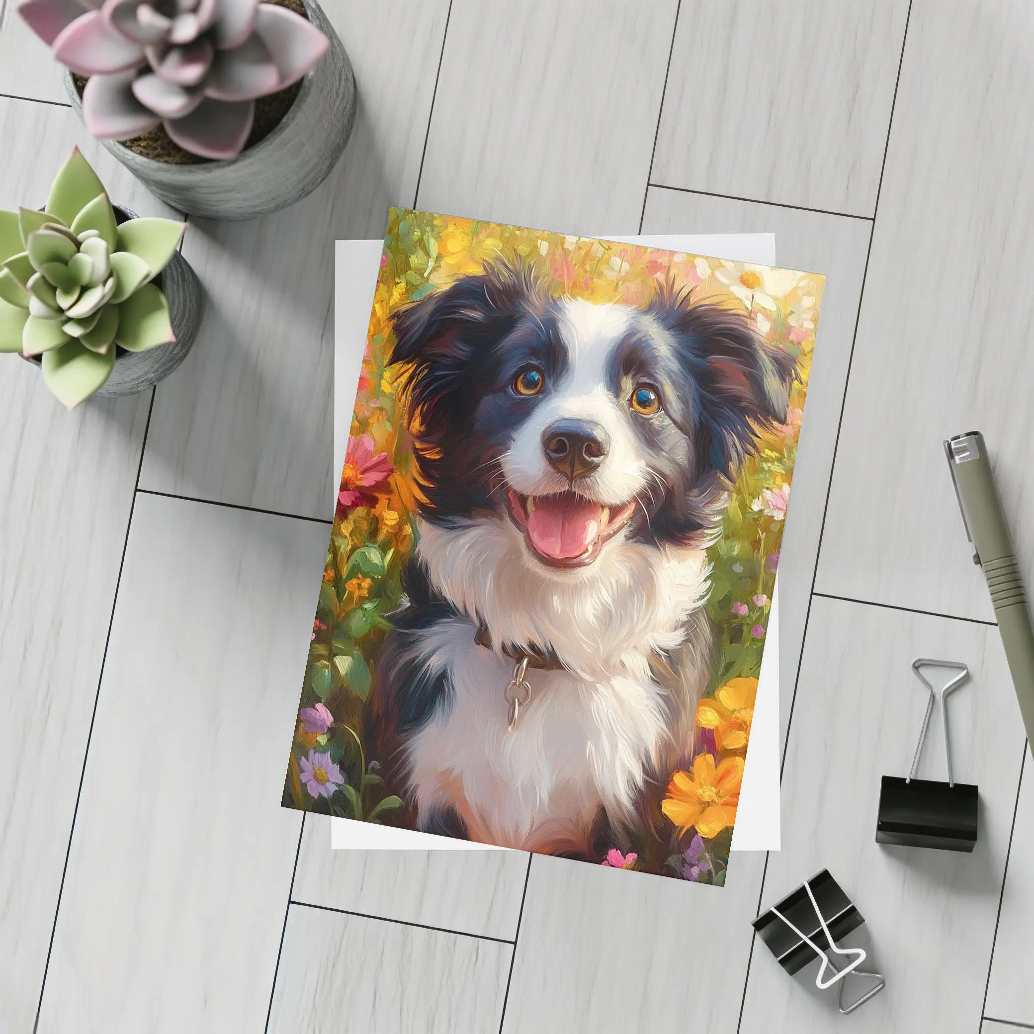 Happy Border Collie Dog Oil Painting Flowers – Postcards
