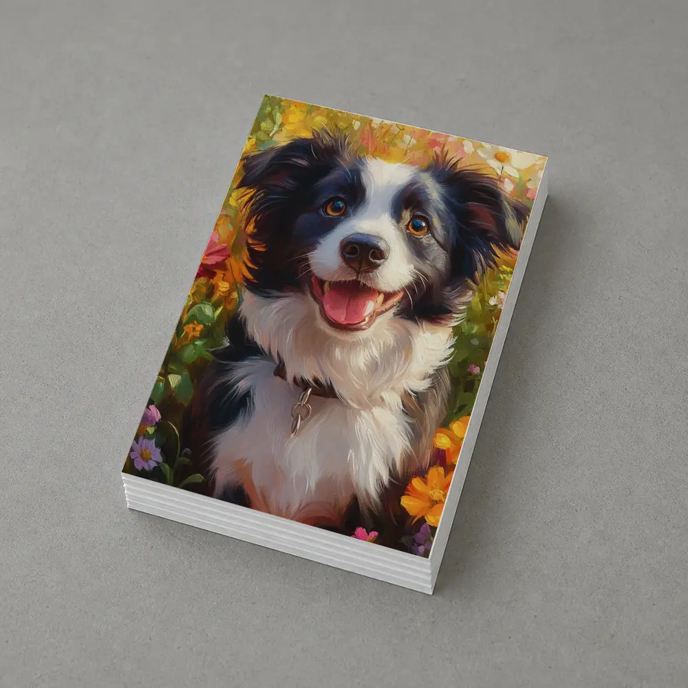 Happy Border Collie Dog Oil Painting Flowers – Postcards