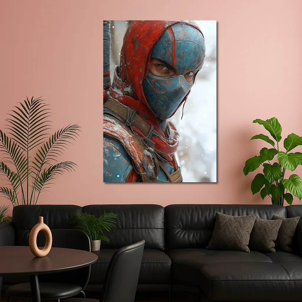 Red Blue Ninja Warrior Snowy Winter Background – Wall Art