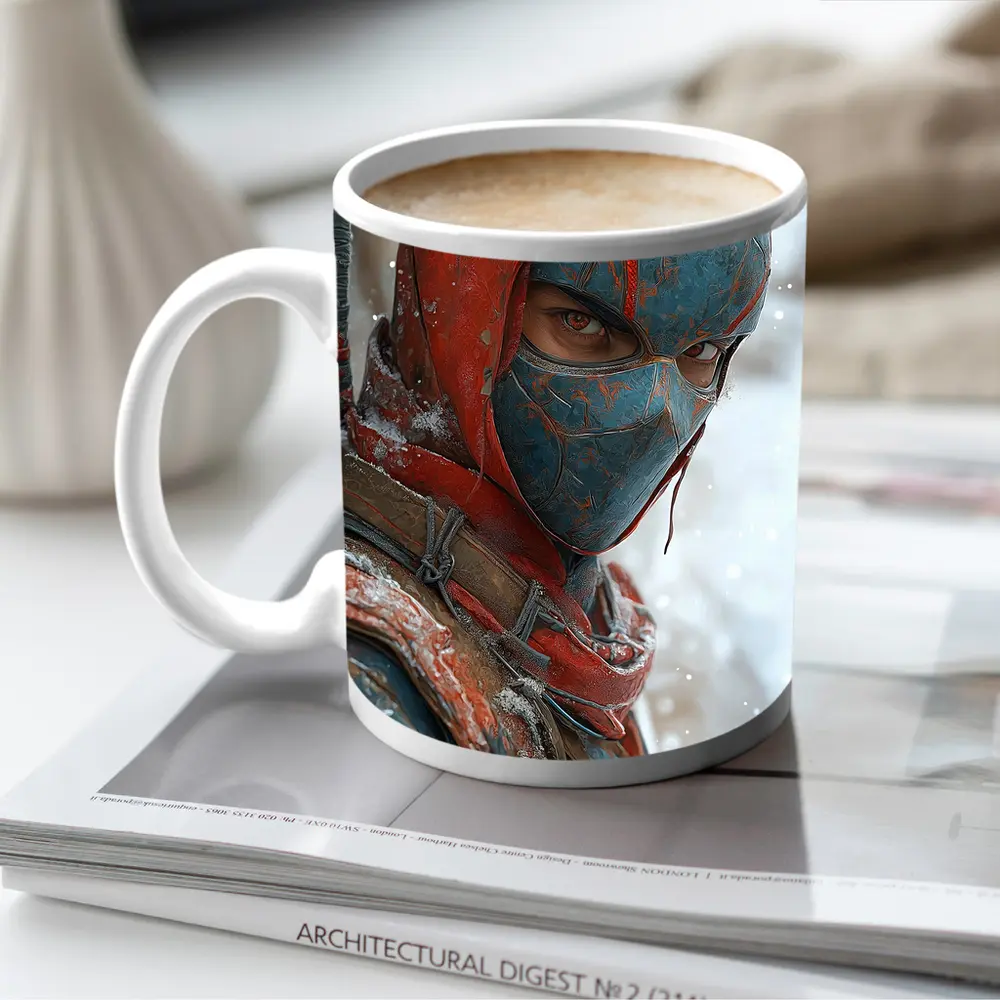 Red Blue Ninja Warrior Snowy Winter Background – Mugs