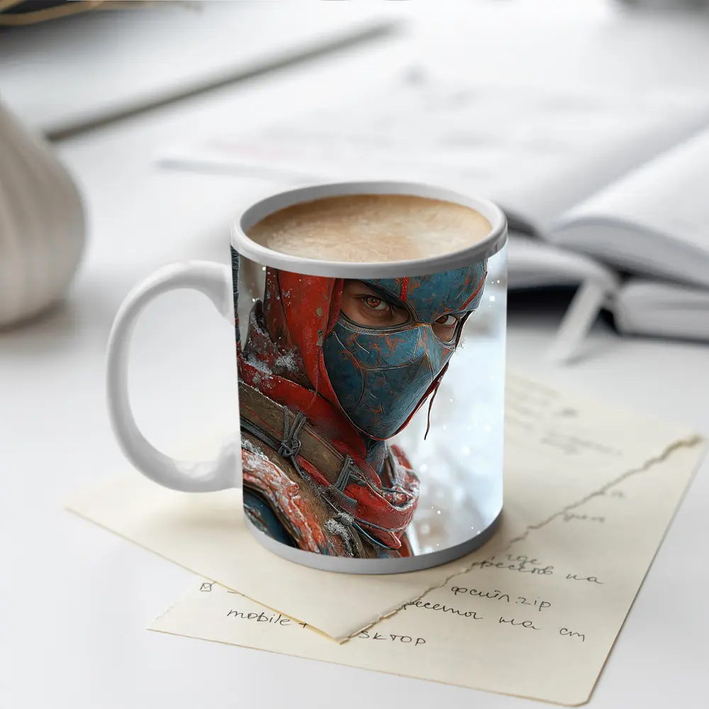 Red Blue Ninja Warrior Snowy Winter Background – Mugs