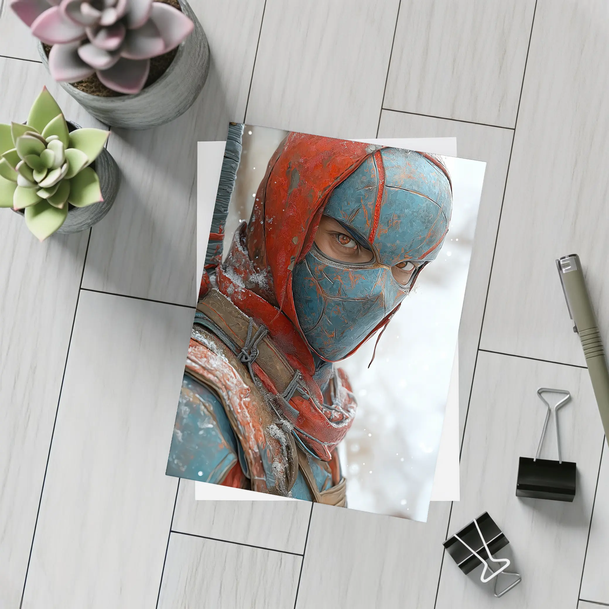 Red Blue Ninja Warrior Snowy Winter Background – Postcards