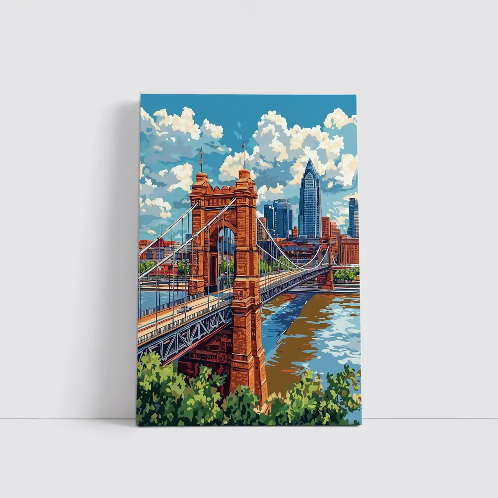 Roebling Suspension Bridge Cincinnati Skyline Art – Wall Art