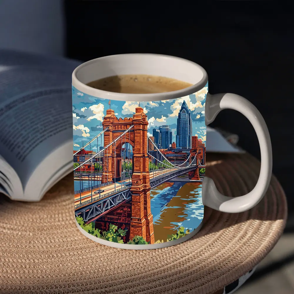 Roebling Suspension Bridge Cincinnati Skyline Art – Mugs