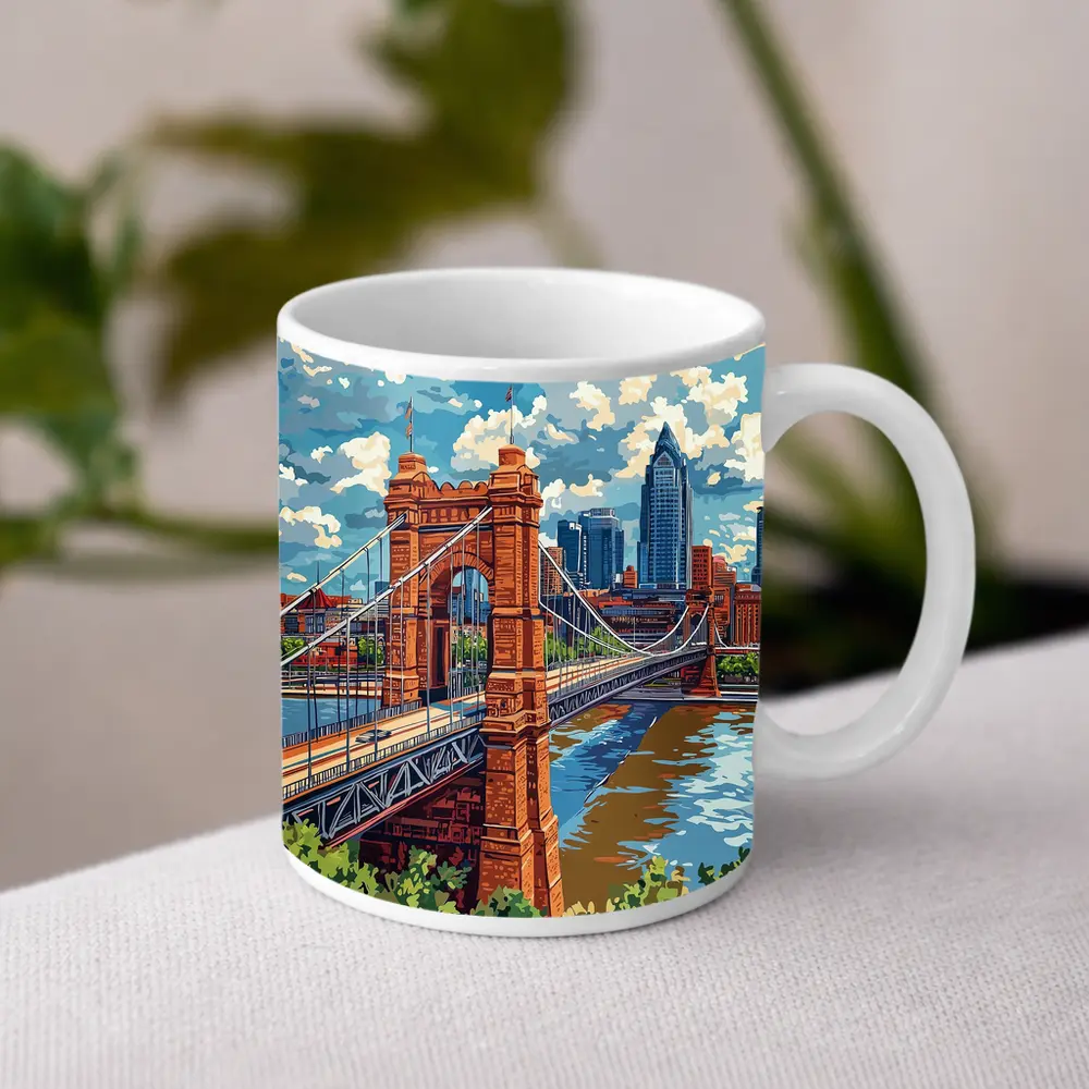 Roebling Suspension Bridge Cincinnati Skyline Art – Mugs