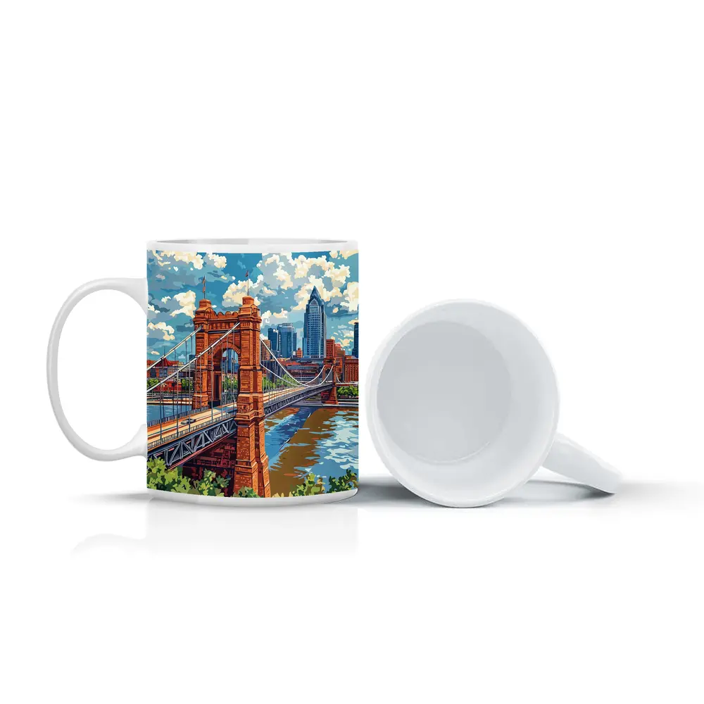 Roebling Suspension Bridge Cincinnati Skyline Art – Mugs