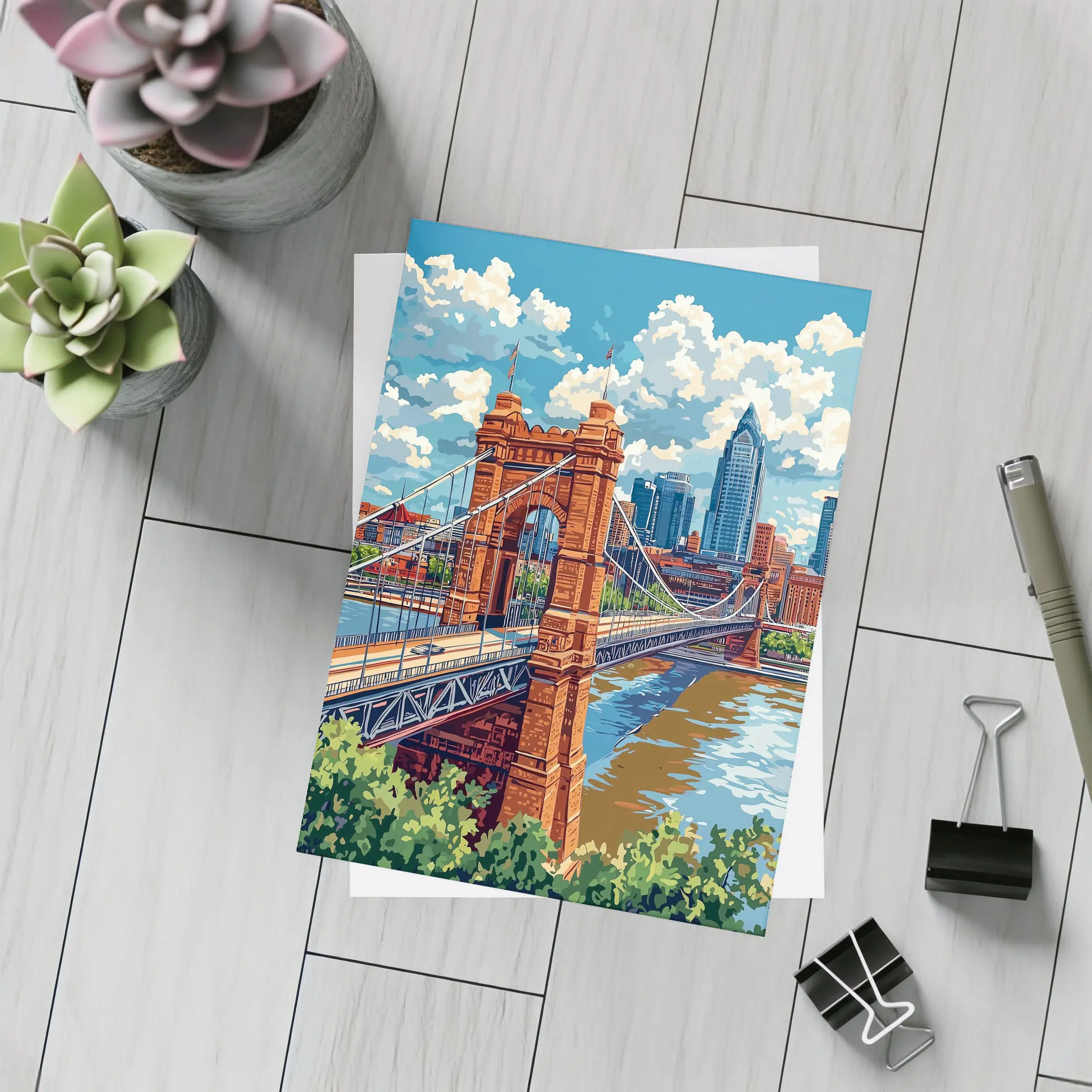 Roebling Suspension Bridge Cincinnati Skyline Art – Postcards