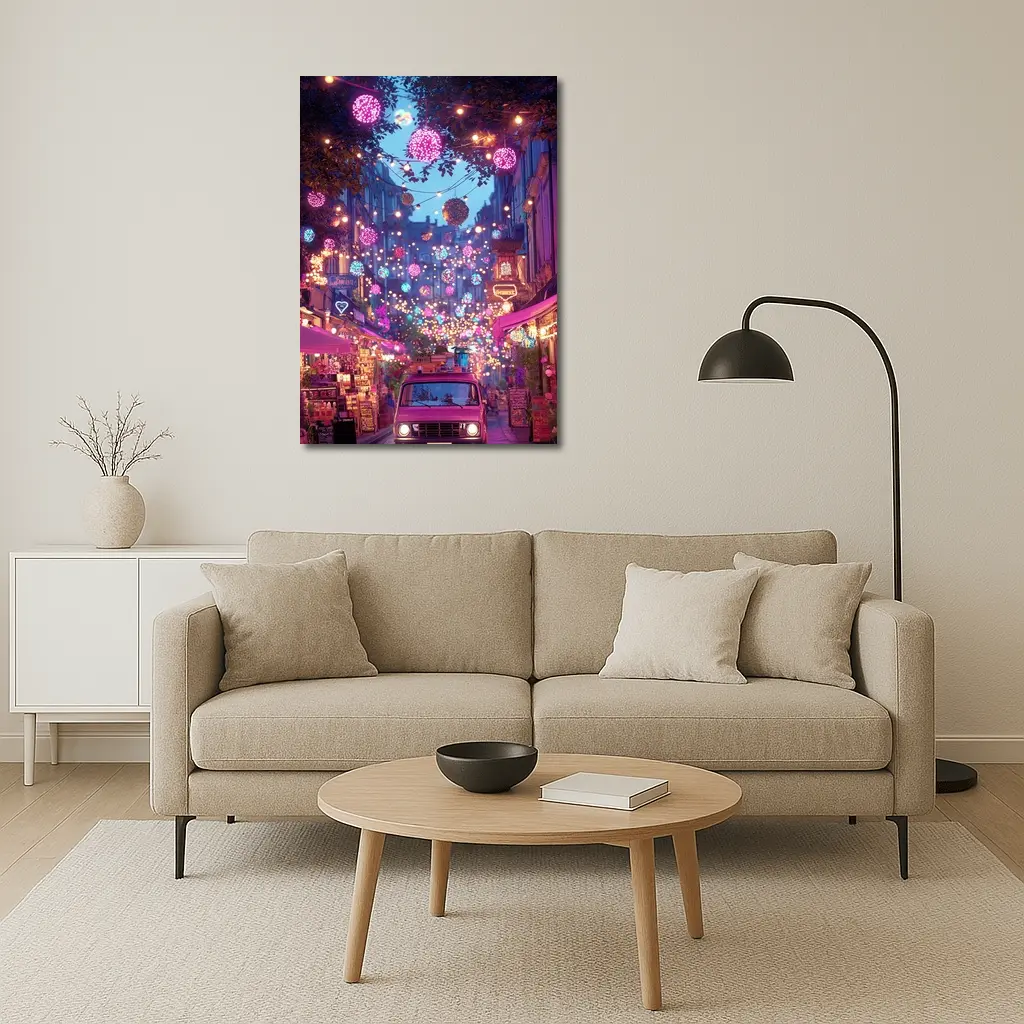 Neon Street Market Night Pink Van – Wall Art