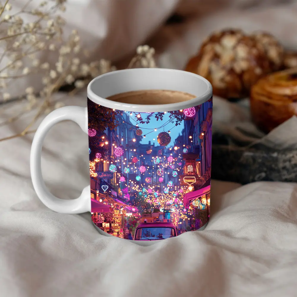 Neon Street Market Night Pink Van – Mugs