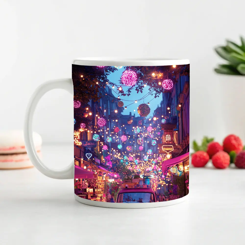 Neon Street Market Night Pink Van – Mugs