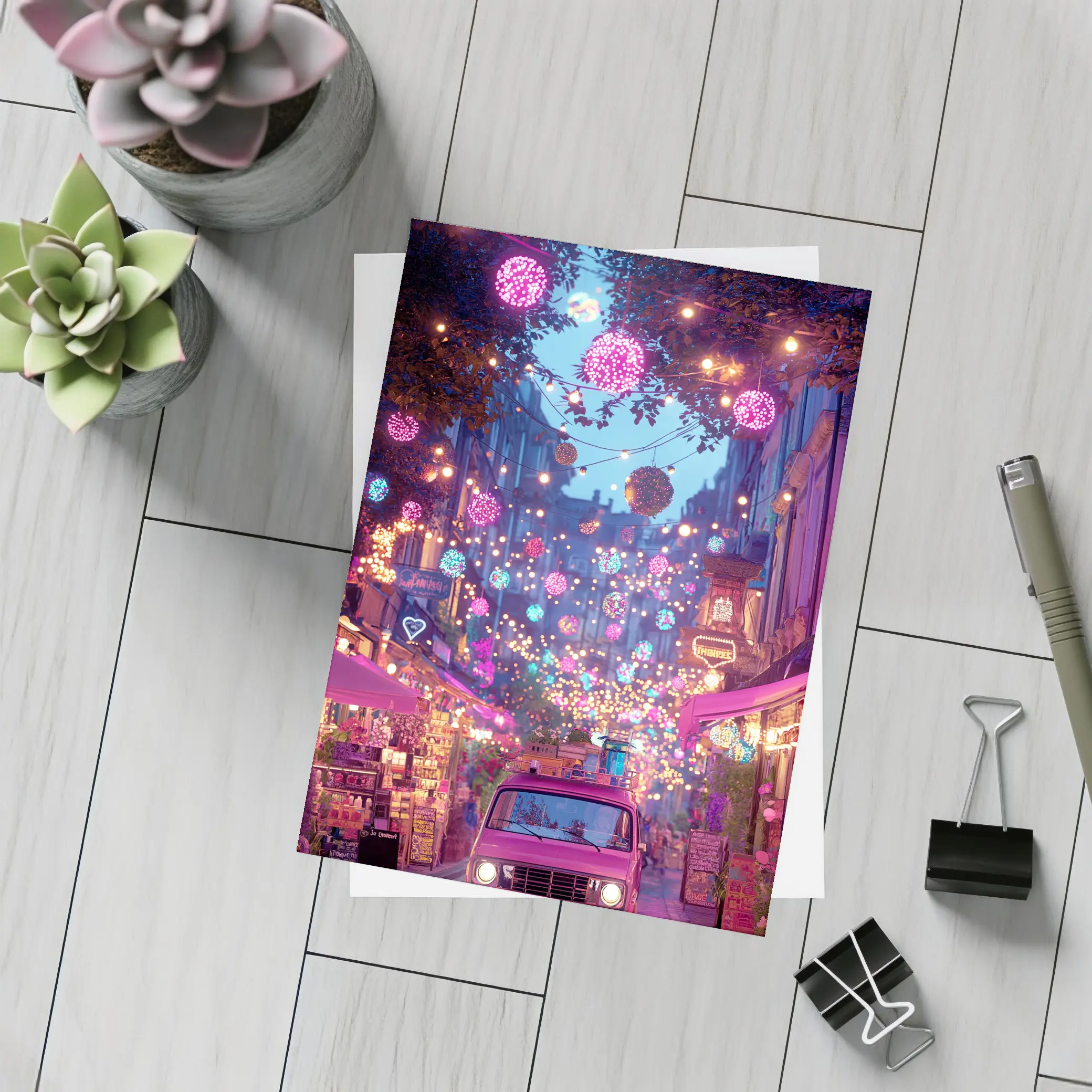 Neon Street Market Night Pink Van – Postcards