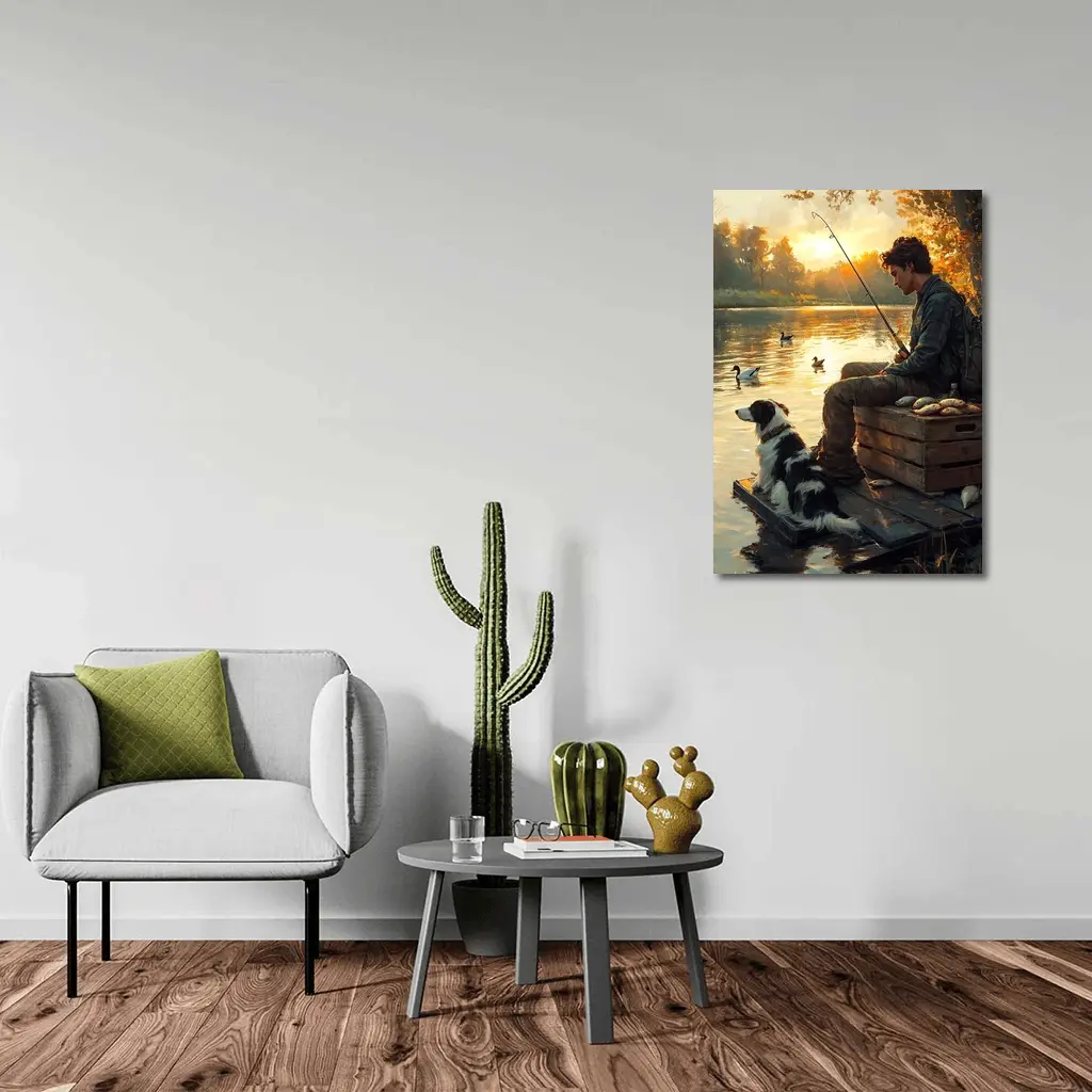 Boy Fishing With Border Collie At Sunset – Wall Art