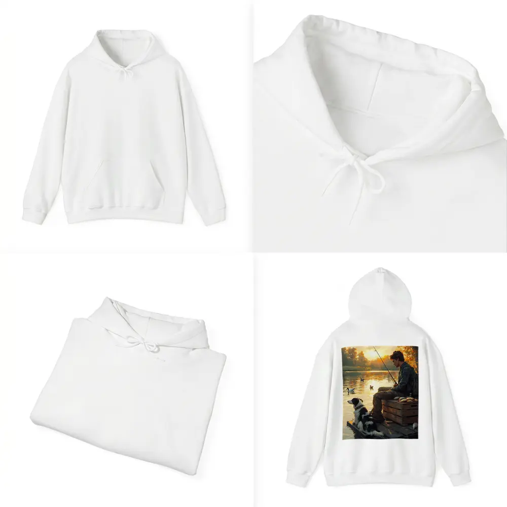 Boy Fishing With Border Collie At Sunset – Hoodies