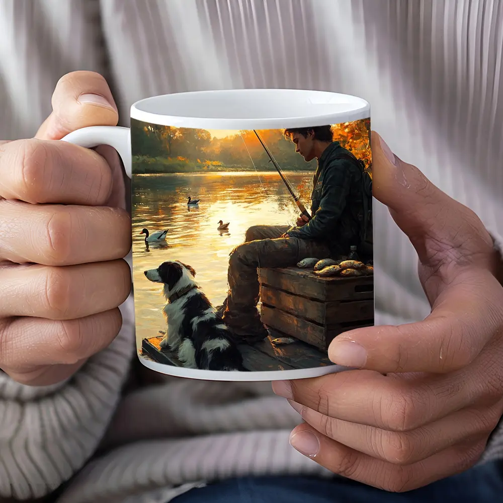 Boy Fishing With Border Collie At Sunset – Mugs