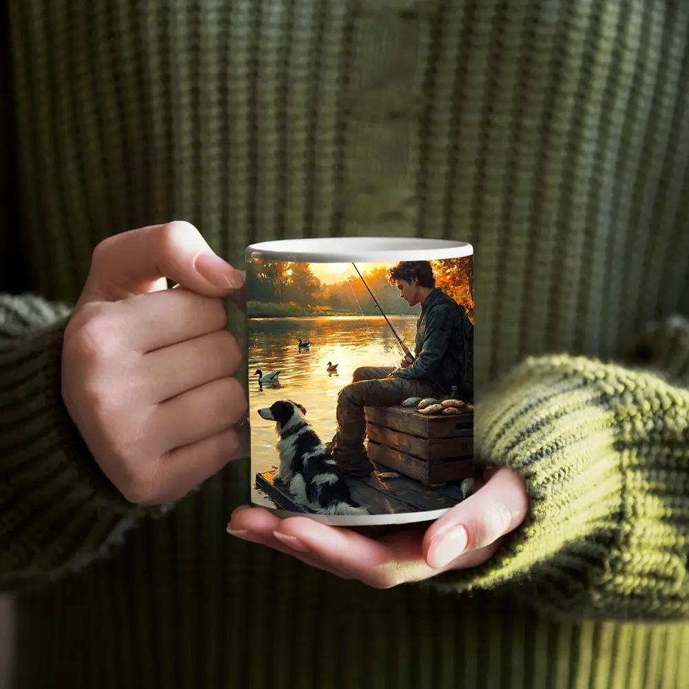 Boy Fishing With Border Collie At Sunset – Mugs