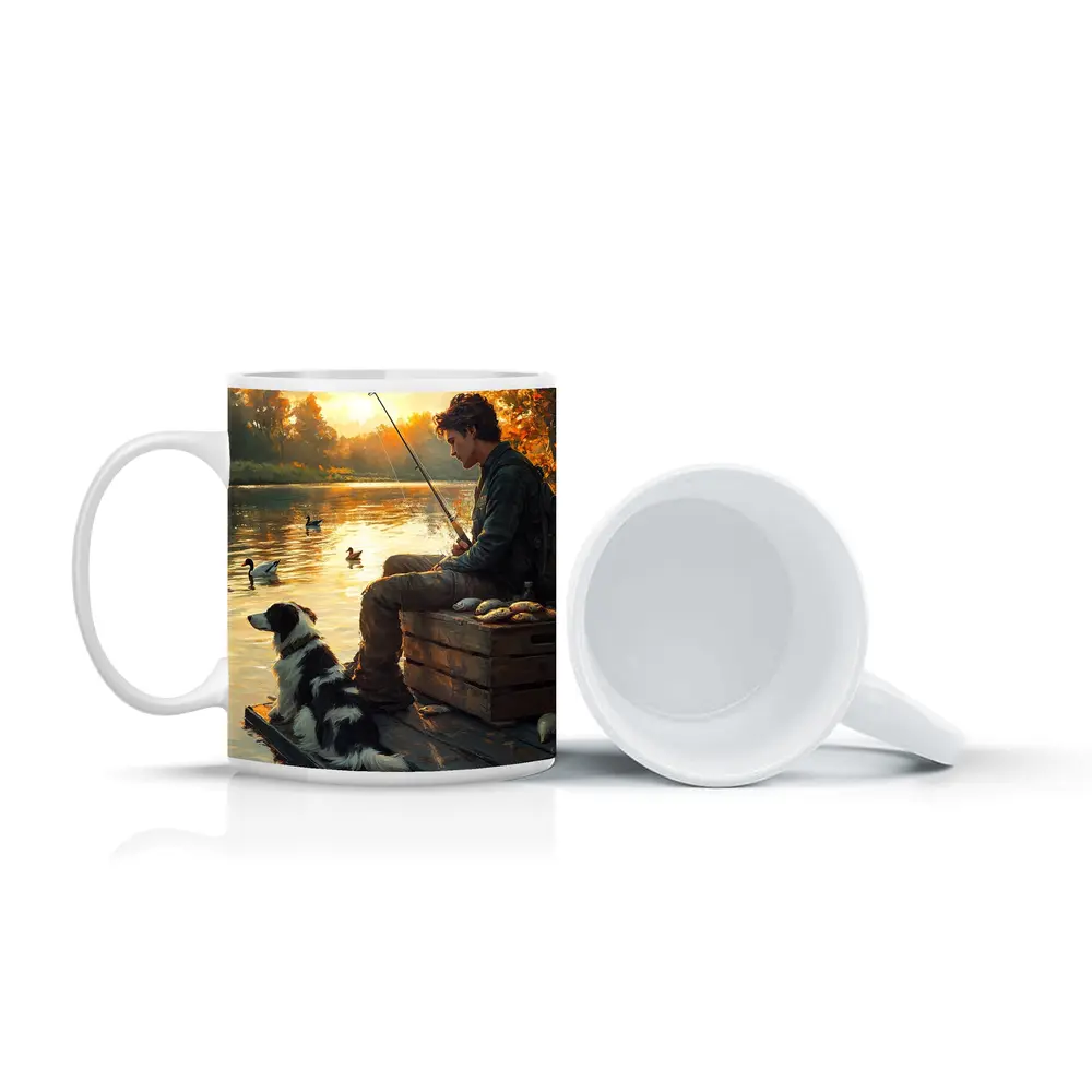 Boy Fishing With Border Collie At Sunset – Mugs