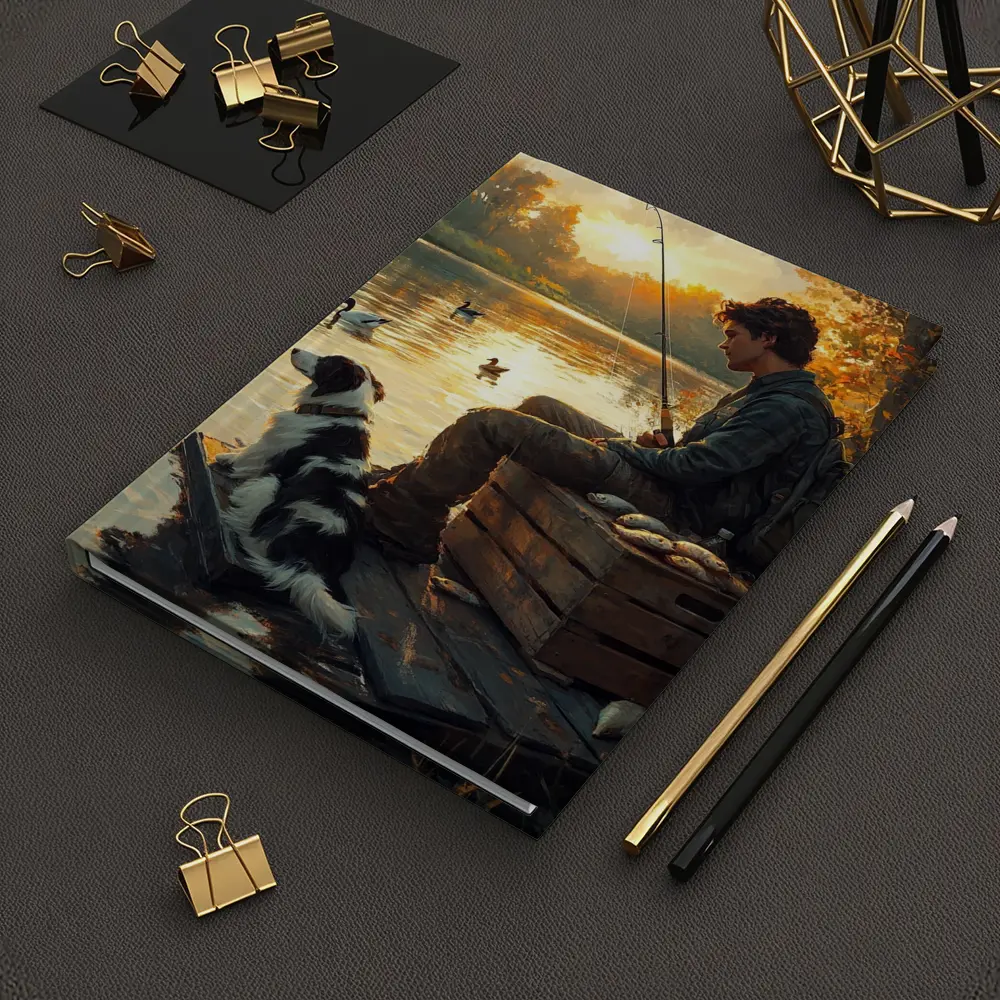 Boy Fishing With Border Collie At Sunset – Notebooks