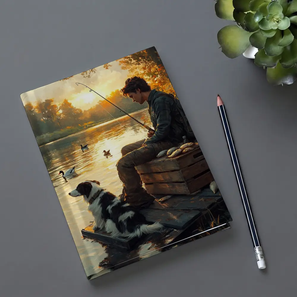 Boy Fishing With Border Collie At Sunset – Notebooks