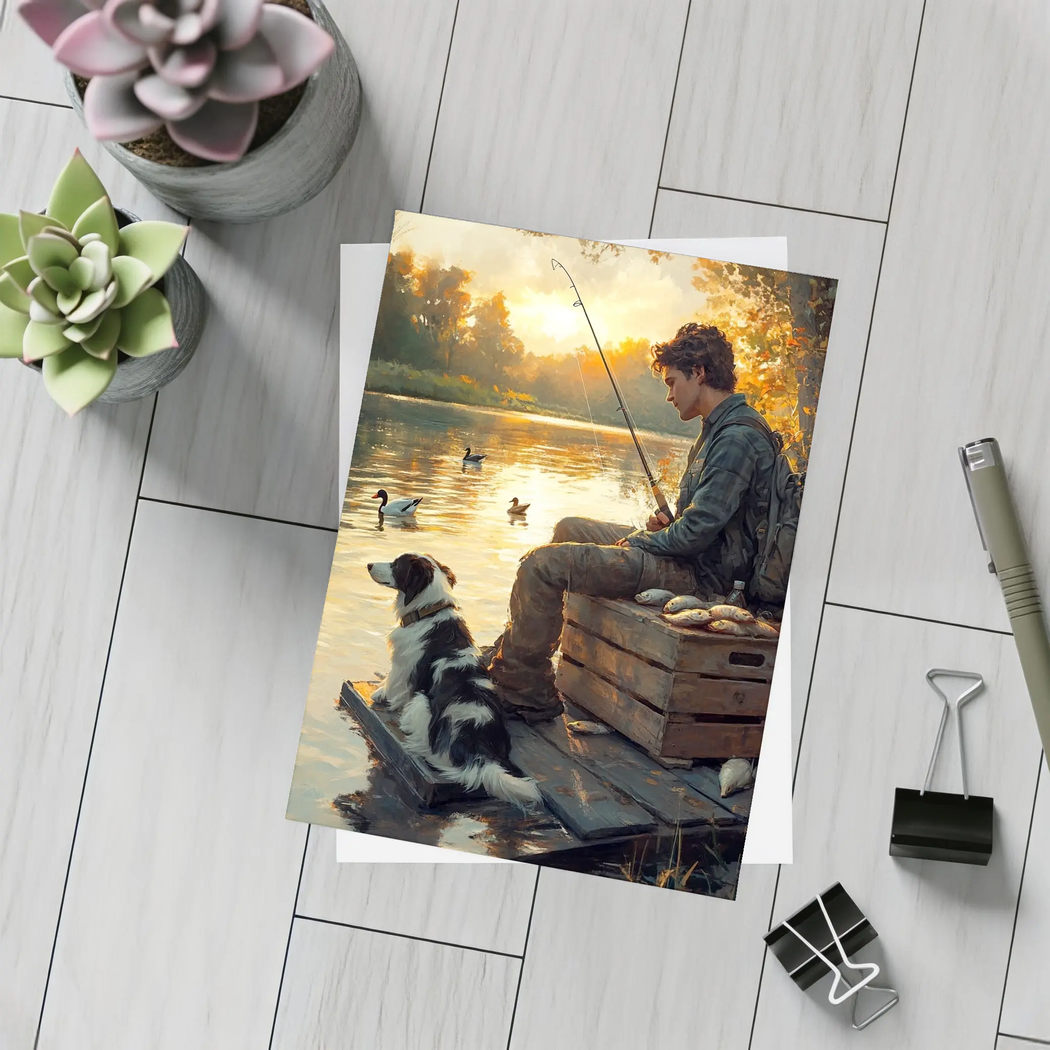 Boy Fishing With Border Collie At Sunset – Postcards