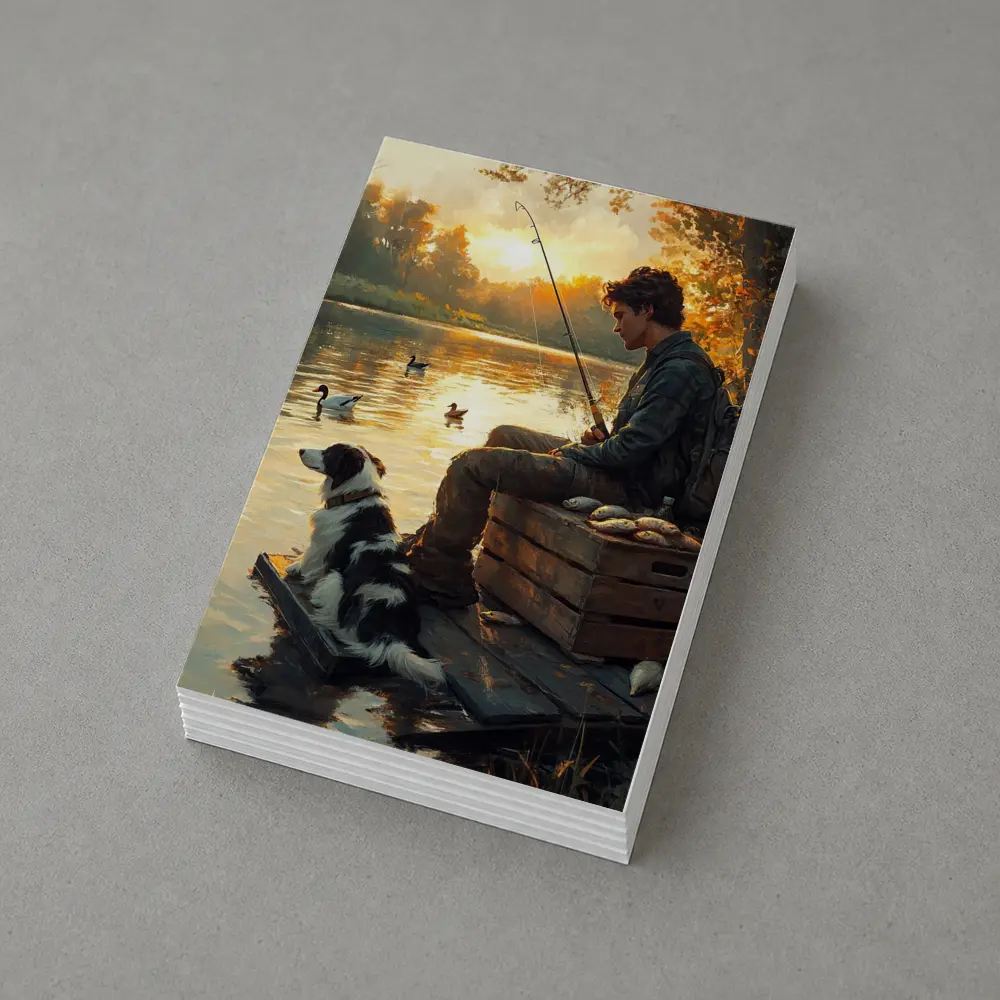 Boy Fishing With Border Collie At Sunset – Postcards