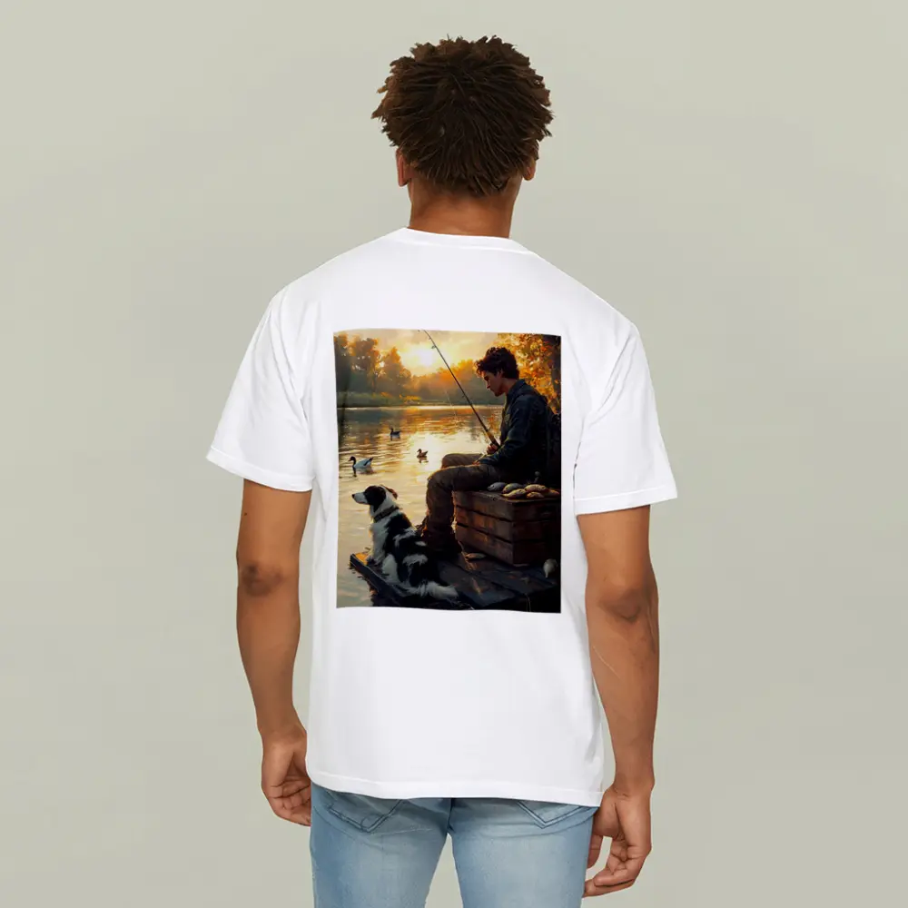 Boy Fishing With Border Collie At Sunset – T-Shirts