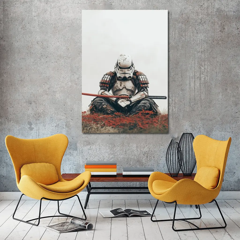 Samurai Stormtrooper Sitting Red Autumn Field – Wall Art