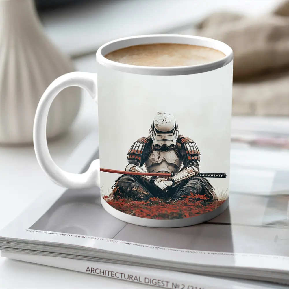 Samurai Stormtrooper Sitting Red Autumn Field – Mugs