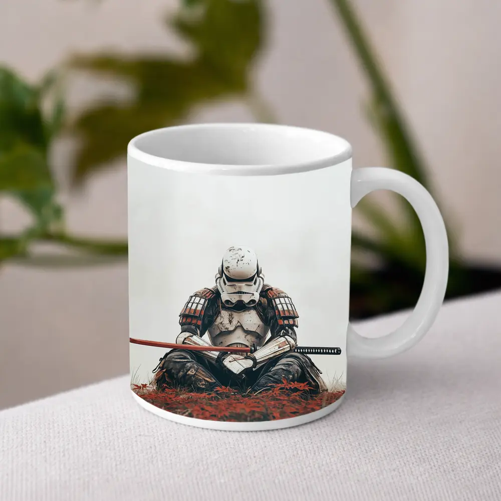 Samurai Stormtrooper Sitting Red Autumn Field – Mugs