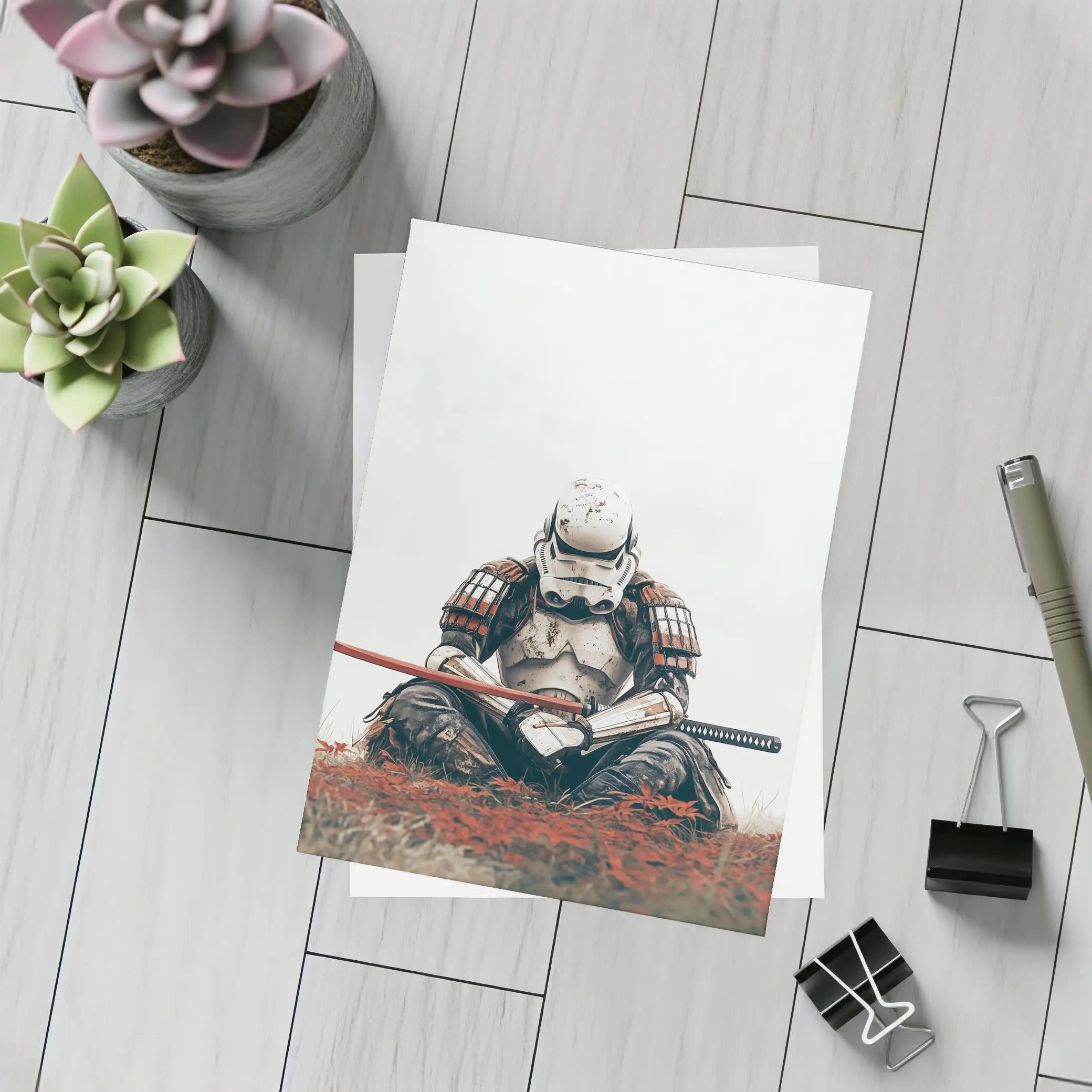 Samurai Stormtrooper Sitting Red Autumn Field – Postcards