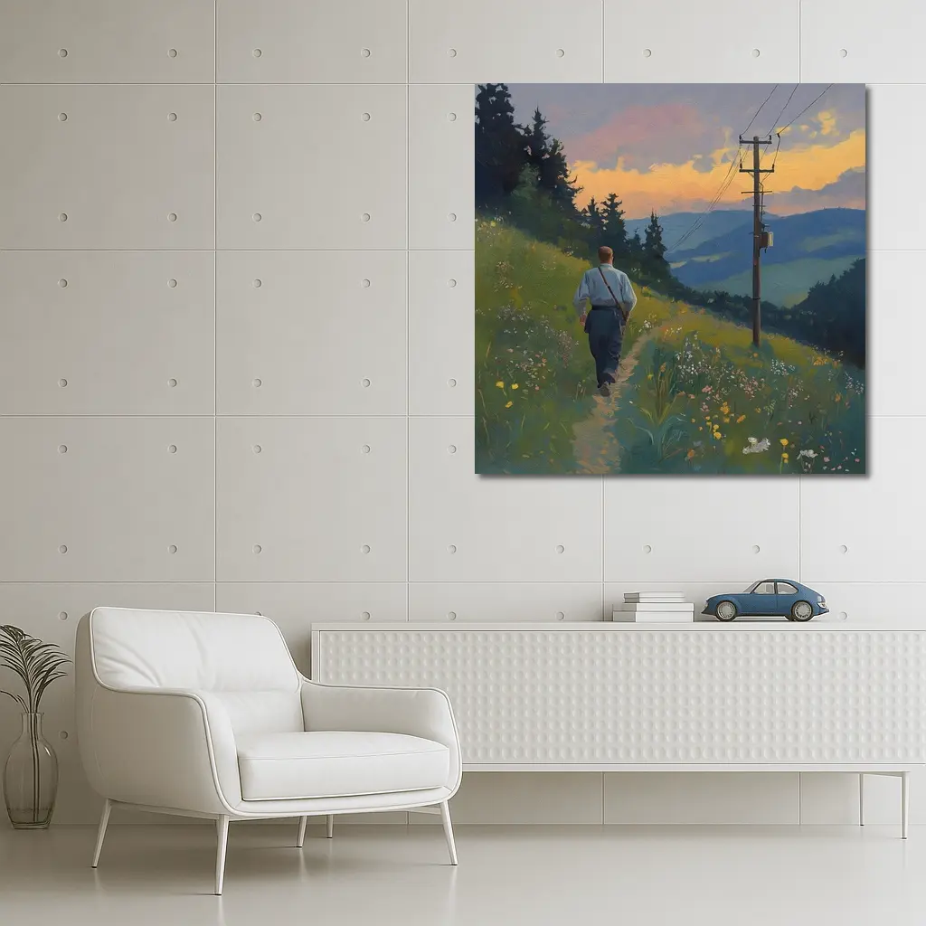 Man Walking Wildflower Path Oil Painting – Wall Art