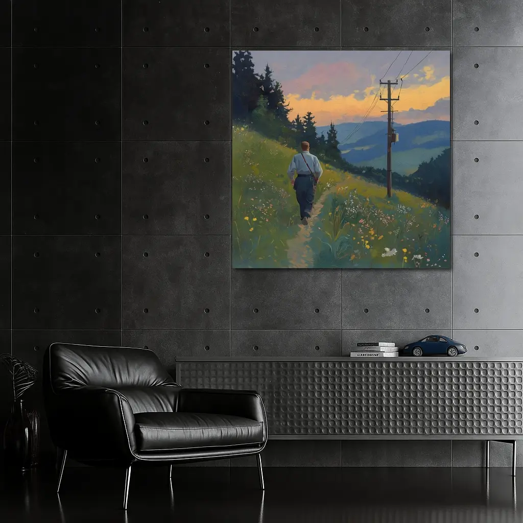 Man Walking Wildflower Path Oil Painting – Wall Art