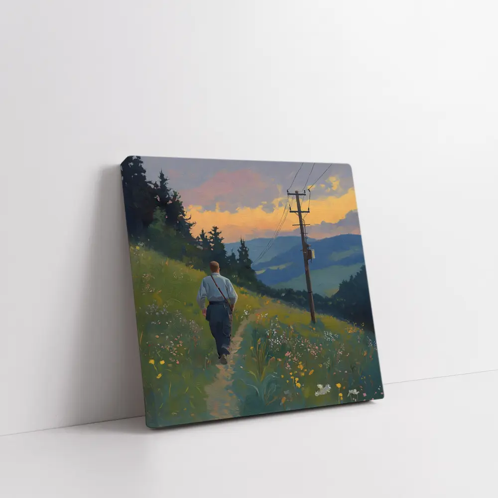 Man Walking Wildflower Path Oil Painting – Wall Art
