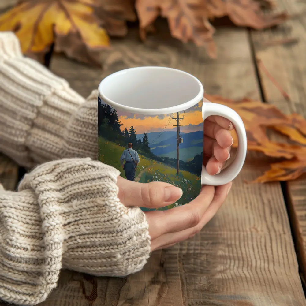 Man Walking Wildflower Path Oil Painting – Mugs