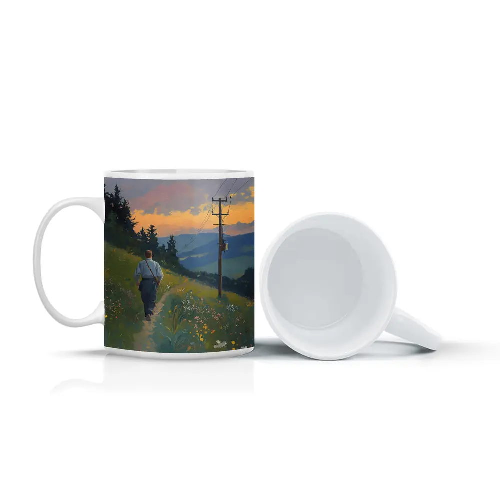 Man Walking Wildflower Path Oil Painting – Mugs