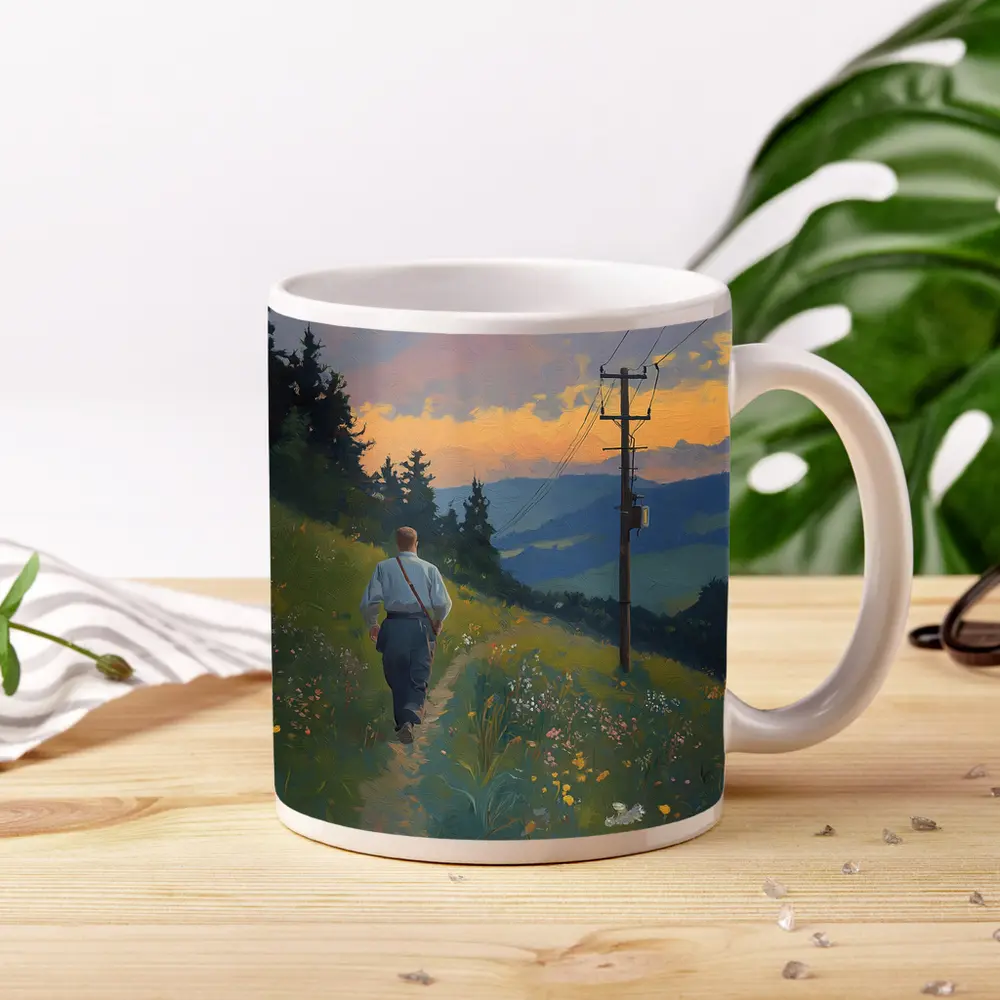 Man Walking Wildflower Path Oil Painting – Mugs