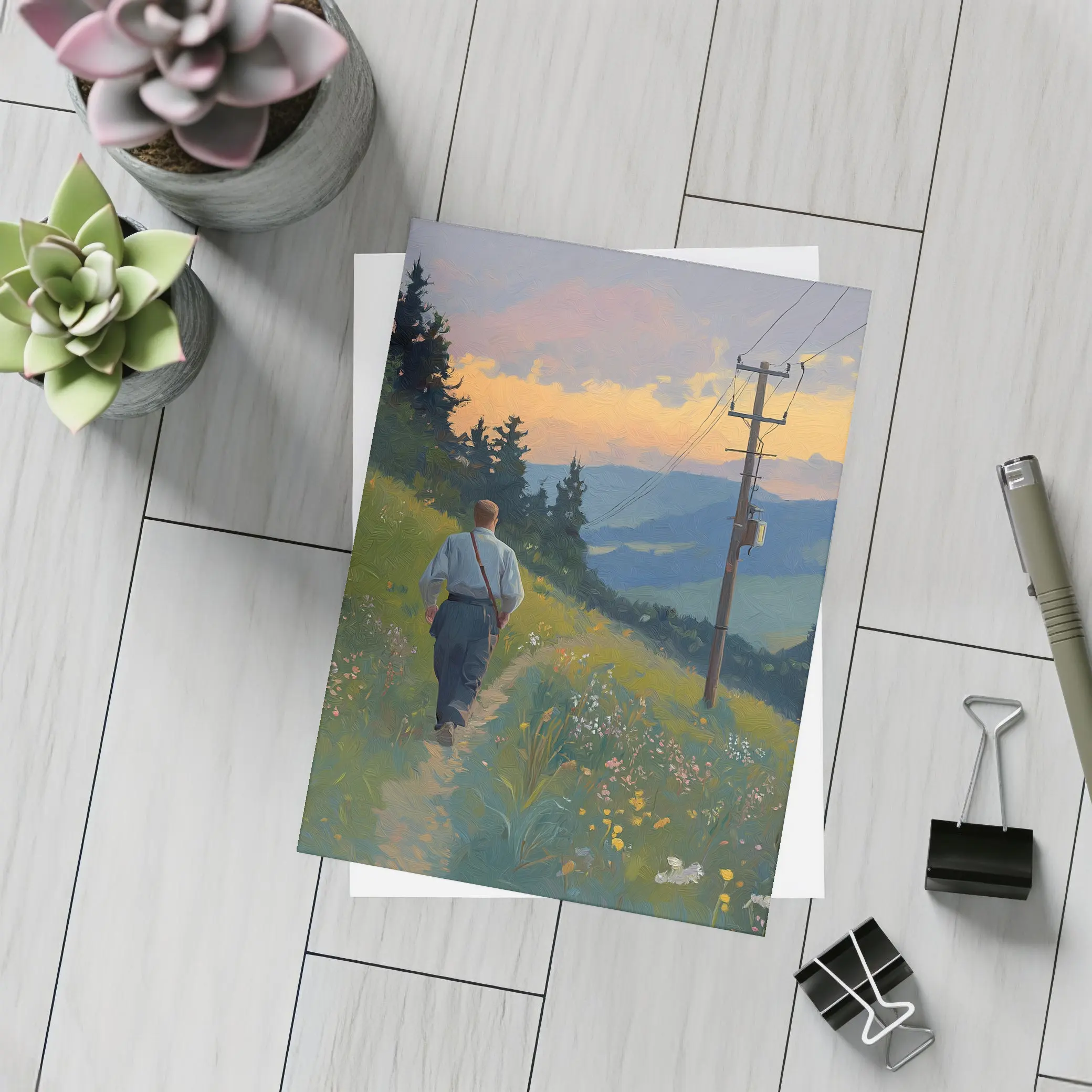 Man Walking Wildflower Path Oil Painting – Postcards