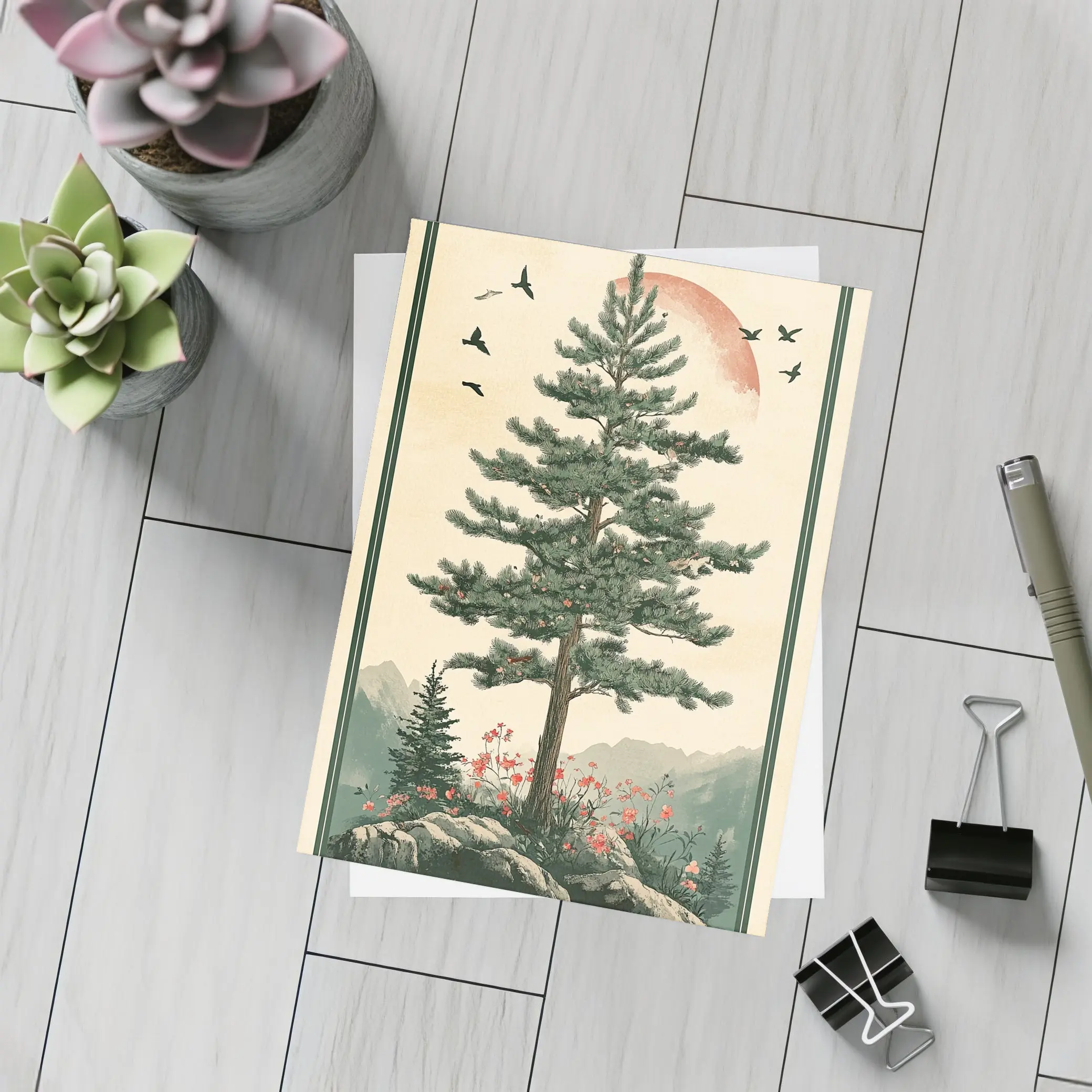 Pine Tree Mountain Landscape Japanese Minimal Art – Postcards