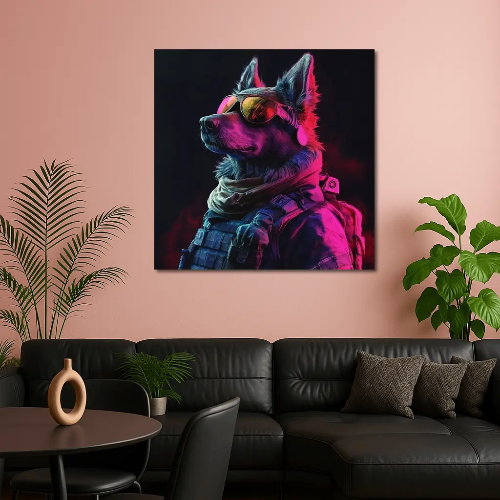German Shepherd Tactical Gear Neon Dark Background – Wall Art