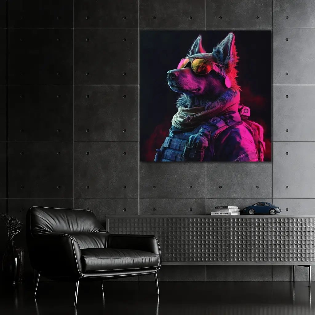 German Shepherd Tactical Gear Neon Dark Background – Wall Art