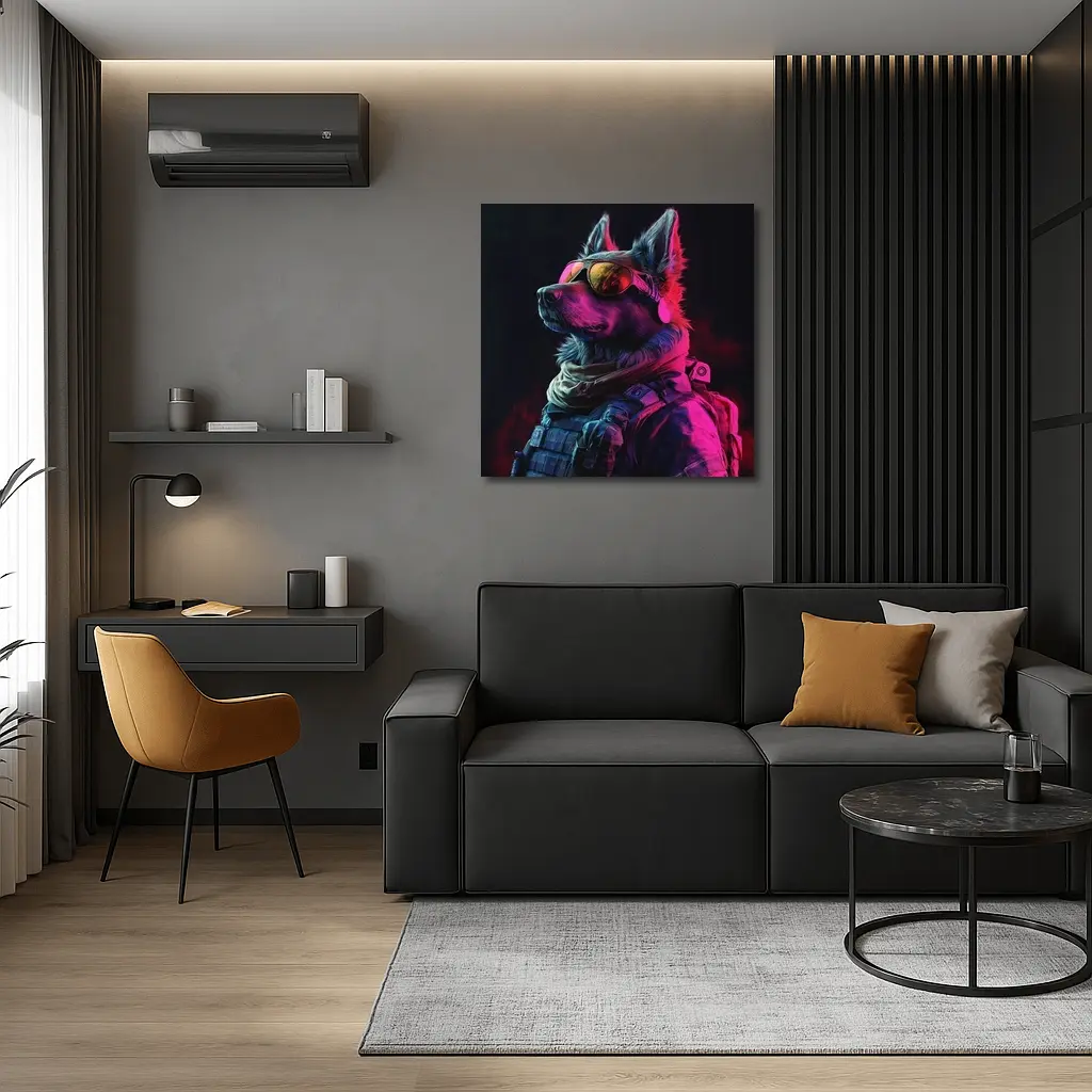 German Shepherd Tactical Gear Neon Dark Background – Wall Art