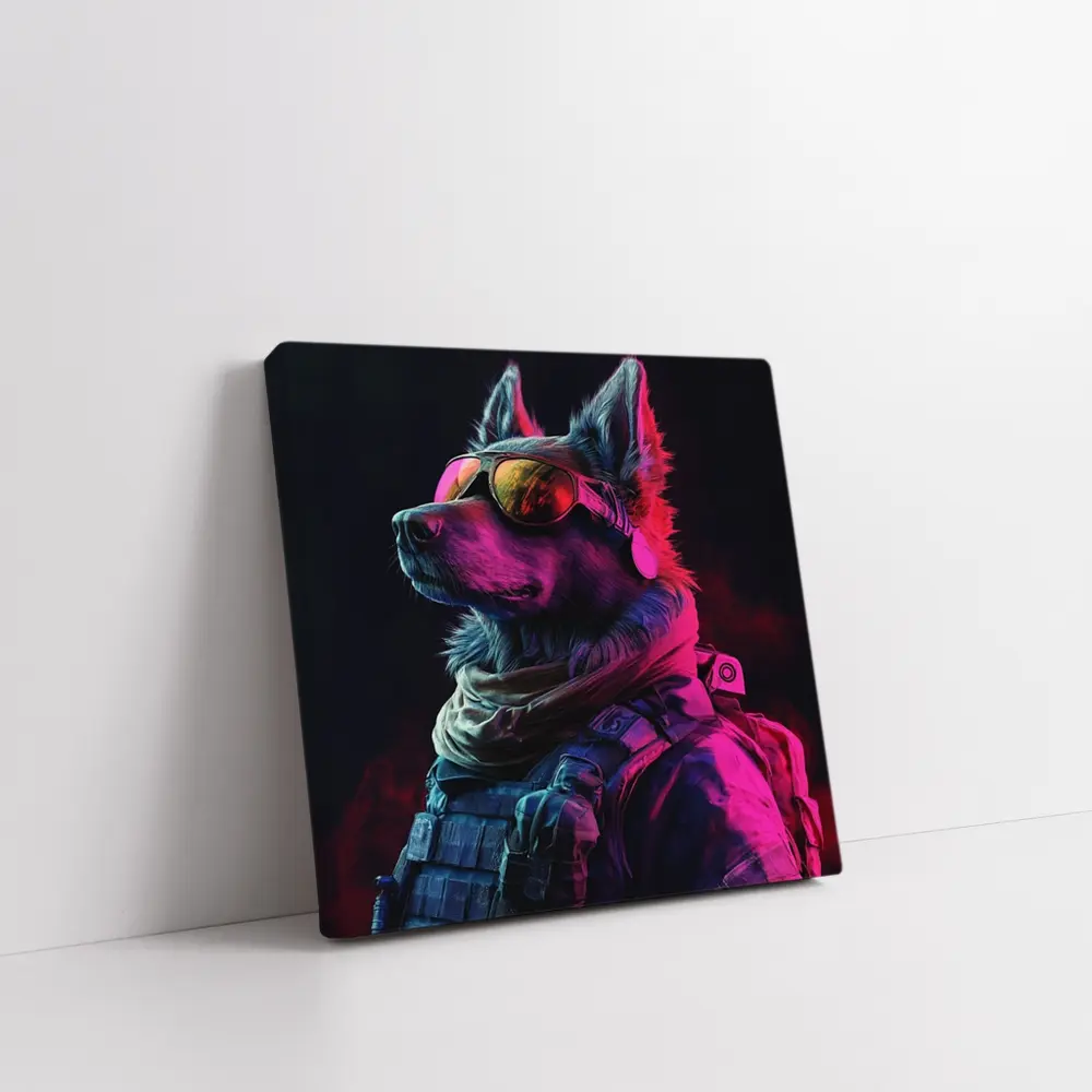 German Shepherd Tactical Gear Neon Dark Background – Wall Art