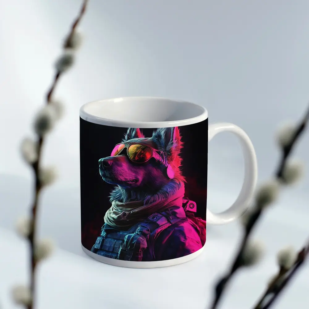 German Shepherd Tactical Gear Neon Dark Background – Mugs