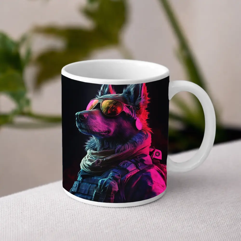 German Shepherd Tactical Gear Neon Dark Background – Mugs